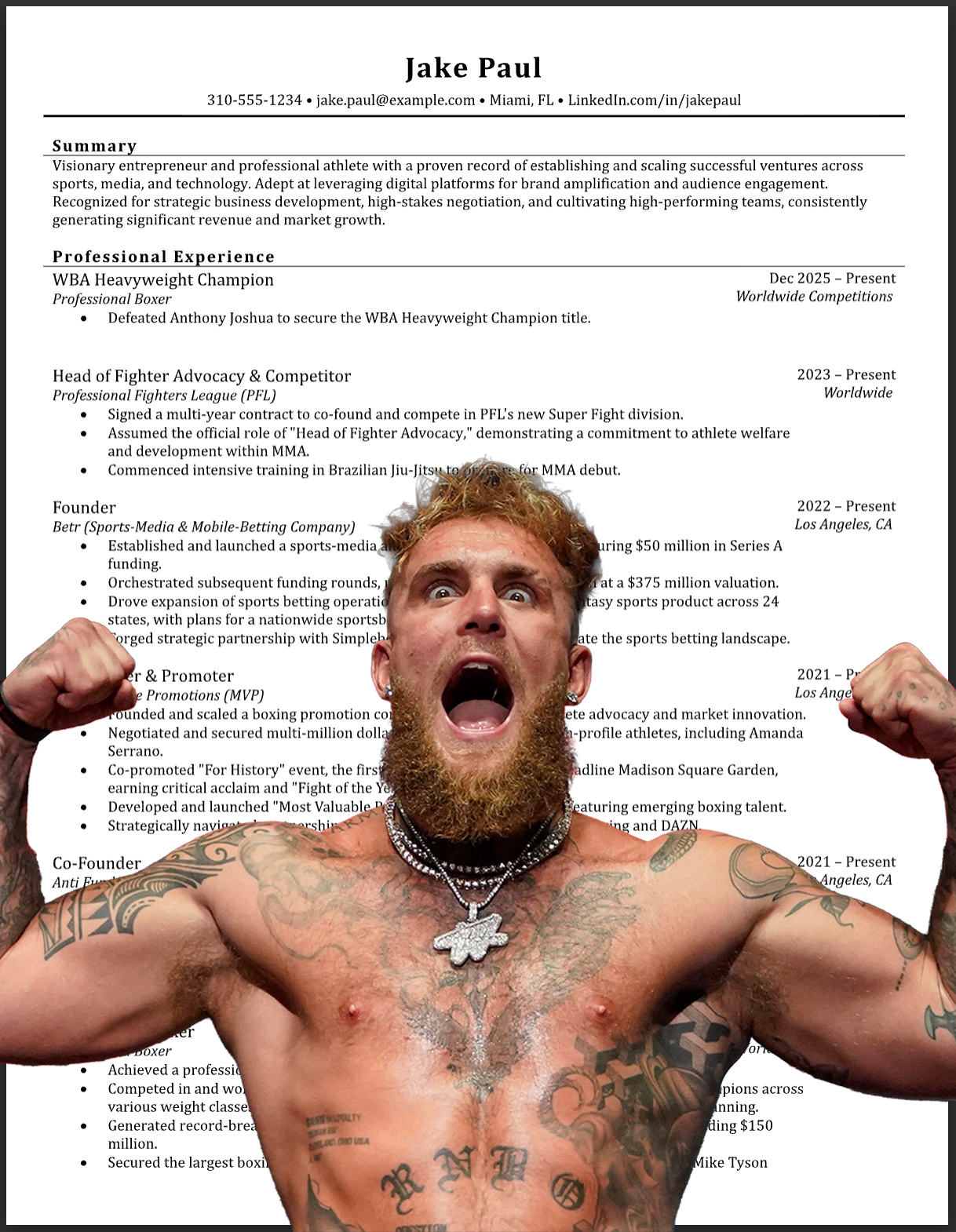 Jake Paul professional resume mockup showing hypothetical WBA Heavyweight Champion title if he defeats Anthony Joshua, demonstrating how CVGist can quickly update resumes with new achievements